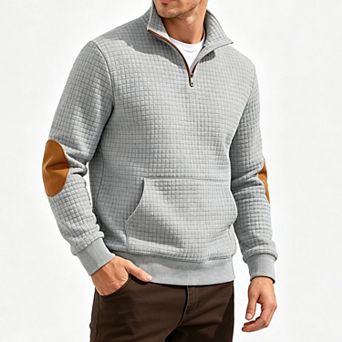 Men Quarter Zip Sweatshirt Grid Jacquard Stand Collar Pullover with Elbow Panels & Kangaroo Pocket