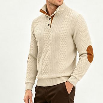 Men Textured Knit Pullover Stand Collar Button Placket Sweater with Elbow Panels Long Sleeve Top
