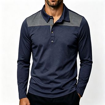 Men's Color Block Long Sleeve Polo Shirt, Soft Stretch Regular Fit Collared Top