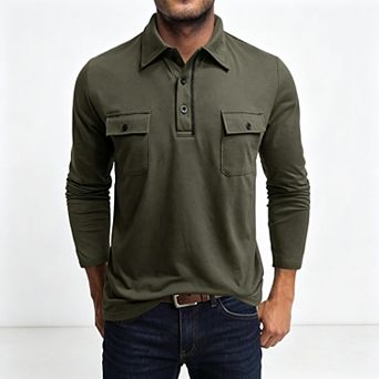 Men's Long Sleeve Pocket Polo Shirt Stretch Casual Classic Collar Top