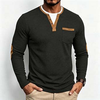 Men's Faux Layered Waffle Henley Long Sleeve Top, Textured Knit Pullover Shirt