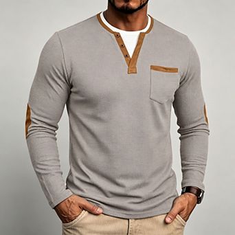 Men's Faux Layered Waffle Henley Long Sleeve Top, Textured Knit Pullover Shirt