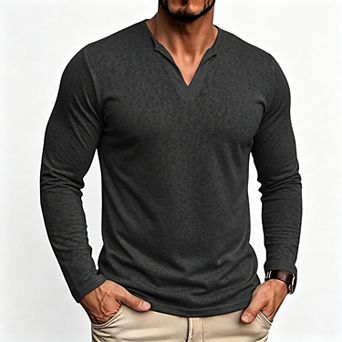 Men's Cotton Linen Long Sleeve V-Neck Henley, Regular Fit Casual Layering Shirt