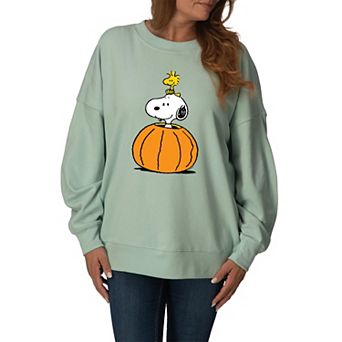Women's Peanuts Snoopy & Woodstock Pumpkin Oversized Fleece Crew Sweatshirt