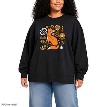 Plus Size Women's Autumn Fox Oversized Fleece Crew Sweatshirt