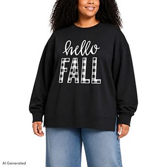 Plus Size Hello Fall Plaid Oversized Fleece Crew Sweatshirt