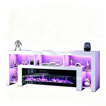 94.5" High-Gloss Fireplace TV Stand with 50" Fireplace,Charging Station,Glass Shelves, Open Storage