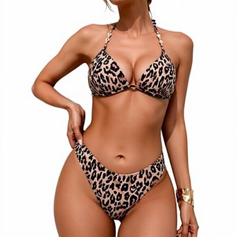 Hind Women's Leopard Print Halter Bikini Swimsuit with Beaded Straps, Tan
