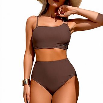 Hind Women's One-Shoulder High-Waisted Bikini Swimsuit with Ring Detail, Brown