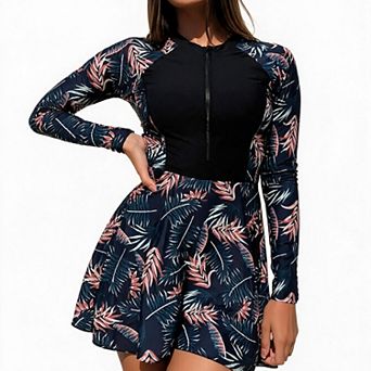 Hind Women's Tropical Print Long Sleeve Swim Dress with Front Zipper, Navy