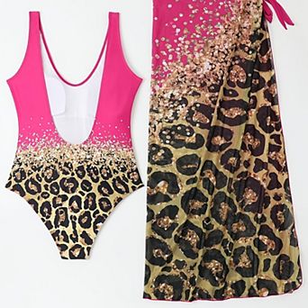 Hind Women's Leopard Print Scoop Neck Swimsuit with Tie Cover-Up, Pink