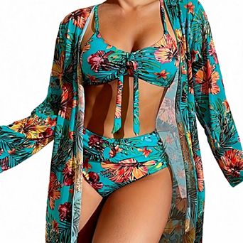 Hind Women's Tropical Floral Bikini Swimsuit with Long-Sleeve Cover-Up, Turquoise