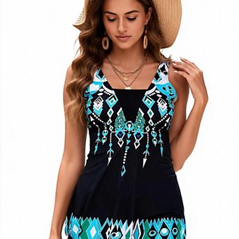 Hind Women's Tankini Swimsuit Set, Geometric Print Flared Swim Top with Boyshort Bottom