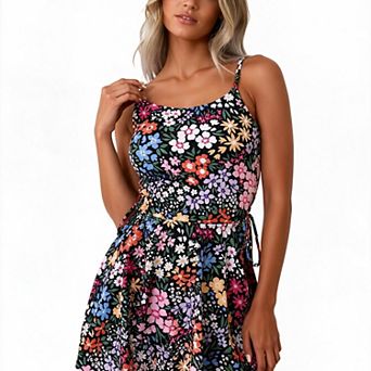Hind Women's 2 pc Floral Tankini Set, Square Neck Top and Swim Skirt, Black
