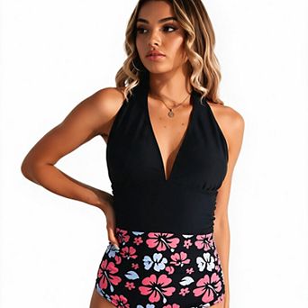 Hind Women's Floral One Piece Swimsuit, Plunging Halter Neck Color-Block Swimwear, Black