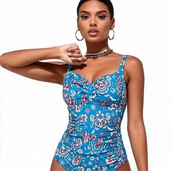 Hind Women's One Piece Swimsuit, Ruched V Neck Bathing Suit, Blue Floral Print