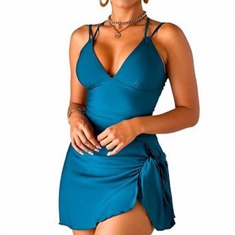 Hind Women's V-Neck Swim Dress with Strappy Back and Side Tie, Teal