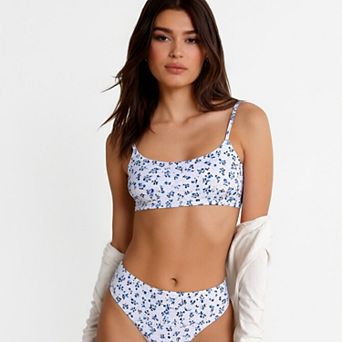 Hind Women's 2 pc Bikini Set, Scoop Neck Top with High Waisted Bottom, Blue Floral