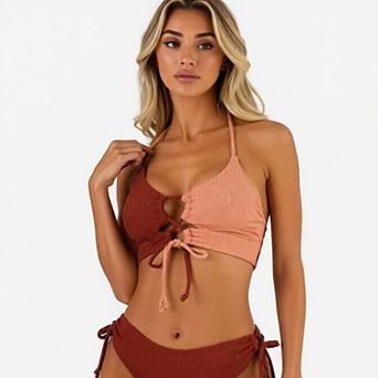 Hind Women's 2 pc Bikini Set, Halter Lace-Up Swim Top with Side-Tie Bottom, Two-Tone