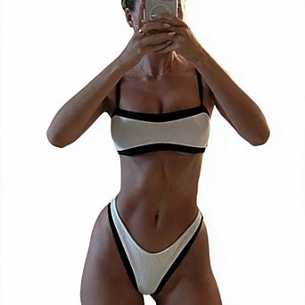 Hind Women's Colorblock Bikini Swimsuit with Adjustable Straps, White and Black
