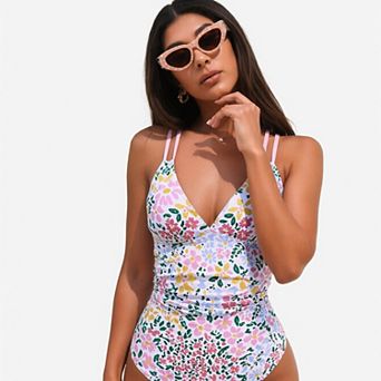Hind Women's One Piece Swimsuit, V Neck Double-Strap Ruched Bathing Suit, Floral Print