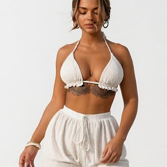 Hind Women's 2 pc Swim Set, Halter Top and High-Waisted Drawstring Shorts, White