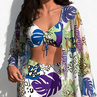 Hind Women's 3 pc Bikini Set, Ruched Swim Top, Shorts and Long Cover-Up, Tropical Print