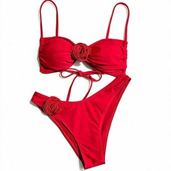 Hind Women's Red Bikini Swimsuit with Rose Appliques and Ruched Cups