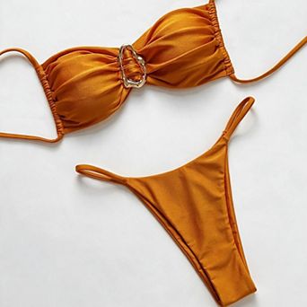 Hind Women's Ruched Ring-Front Bikini Swimsuit with Side Straps, Orange