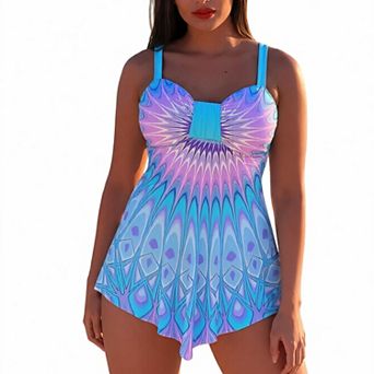 Hind Women's Printed Swim Dress with Ruched Bust, Blue and Purple
