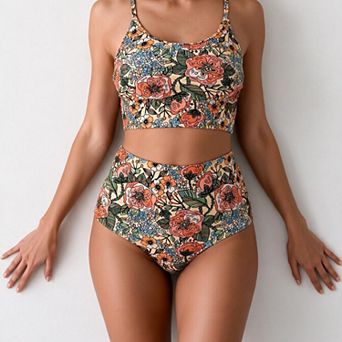 Hind Women's Floral Print Scoop Neck High-Waisted Bikini Swimsuit, Multicolor