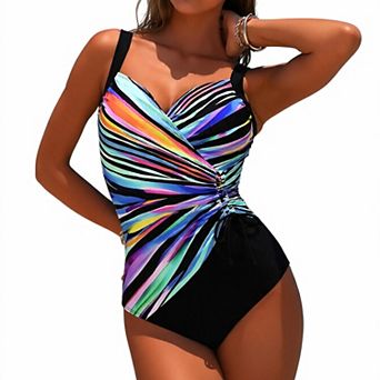 Hind Women's V-Neck Swimsuit with Ruched Side Tie, Multicolor Stripe