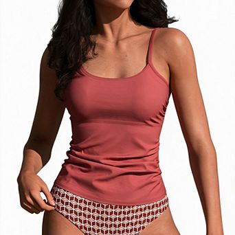Hind Women's 2 pc Tankini Set, Scoop Neck Top and Geometric Print Bottom, Coral