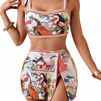 Hind Women's 3 pc Tropical Bikini Set, Square Neck Tie-Strap Top with Wrap Skirt, Multicolor