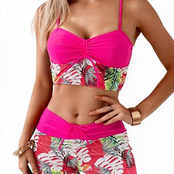 Hind Women's Bikini Set, Ruched Drawstring Crop Top and Printed Swim Shorts, Hot Pink