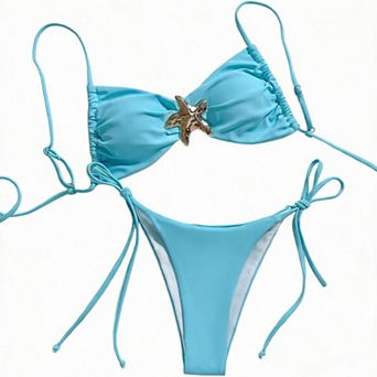Hind Women's Starfish Accent Ruched Tie Side Two Piece Bikini Set, Aqua