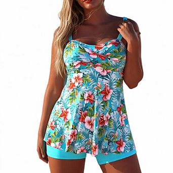 Hind Women's Aqua Tropical Floral Tankini Set with Flared Top and Boyshorts
