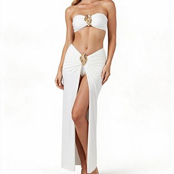 Hind Women's Bandeau Bikini and High Slit Sarong Three Piece Set, White