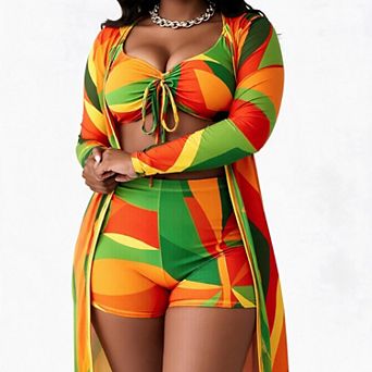 Hind Women's Geometric Print Three Piece Swim Shorts and Cover-Up Set, Orange and Green