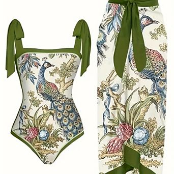 Hind Women's Peacock Floral Tie Shoulder One Piece Swimsuit with Wrap Skirt, Green