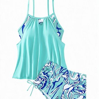 Hind Women's Abstract Print Tankini and Swim Shorts Two Piece Set, Aqua and Blue