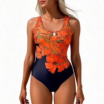 Hind Women's Floral Scoop Neck One Piece Swimsuit, Orange and Navy