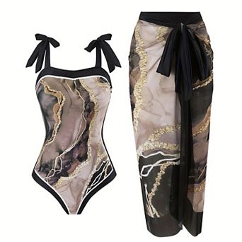 Women's Abstract Print One-Piece Swimsuit with Sheer Maxi Sarong, 2 pc Set