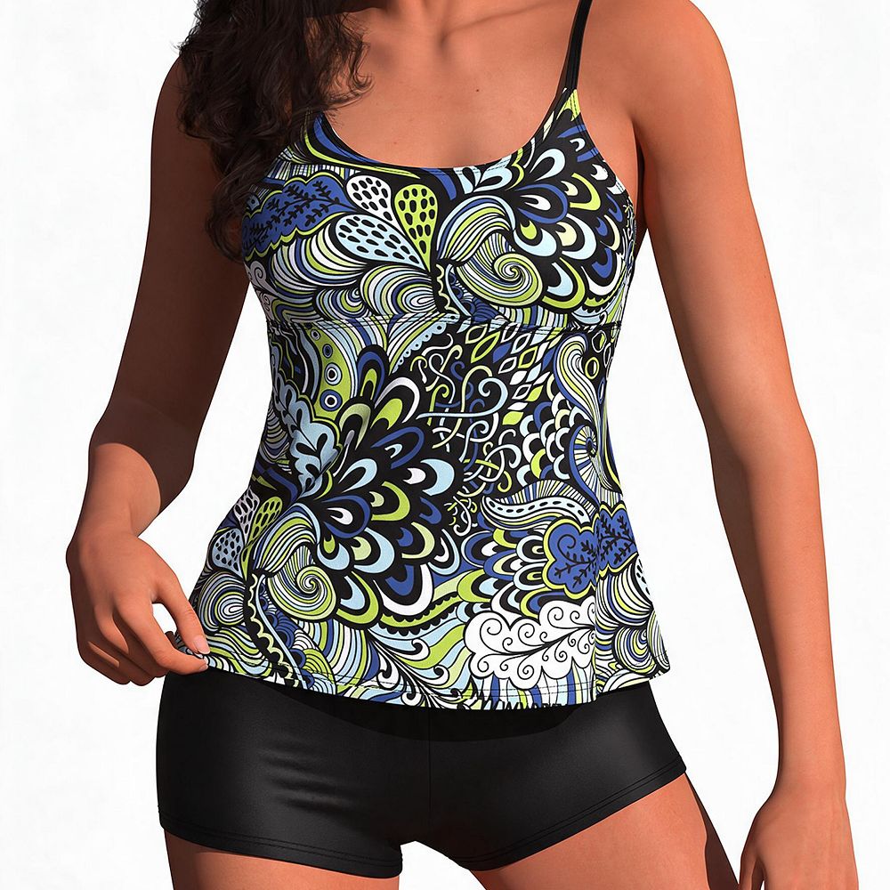 Women's Paisley Print Scoop-Neck Tankini Set with Boyshorts, Blue and Green
