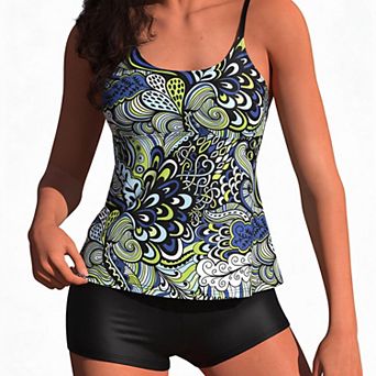 Women's Paisley Print Scoop-Neck Tankini Set with Boyshorts, Blue and Green
