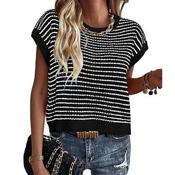 Women Striped Cap Sleeve Knit Top Lightweight Casual Business Wear