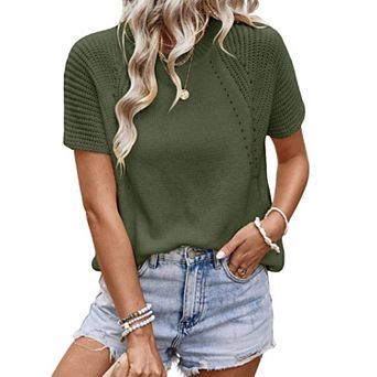 Women's Casual Summer Knit Tops Crewneck Short Sleeve Hollow Out Loose Fit Blouses