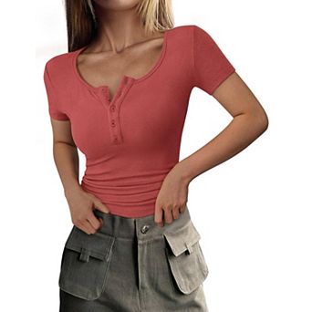Women's Henley Short Sleeve Slim Fitted Ribbed Summer Casual Tops