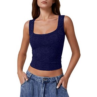 Women's Lace Trim Square Neck Sleeveless Double Layer Cropped Tank Top
