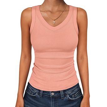 Women V Neck Ribbed Knit Slim Fitted Sleeveless Summer Casual Tank Tops